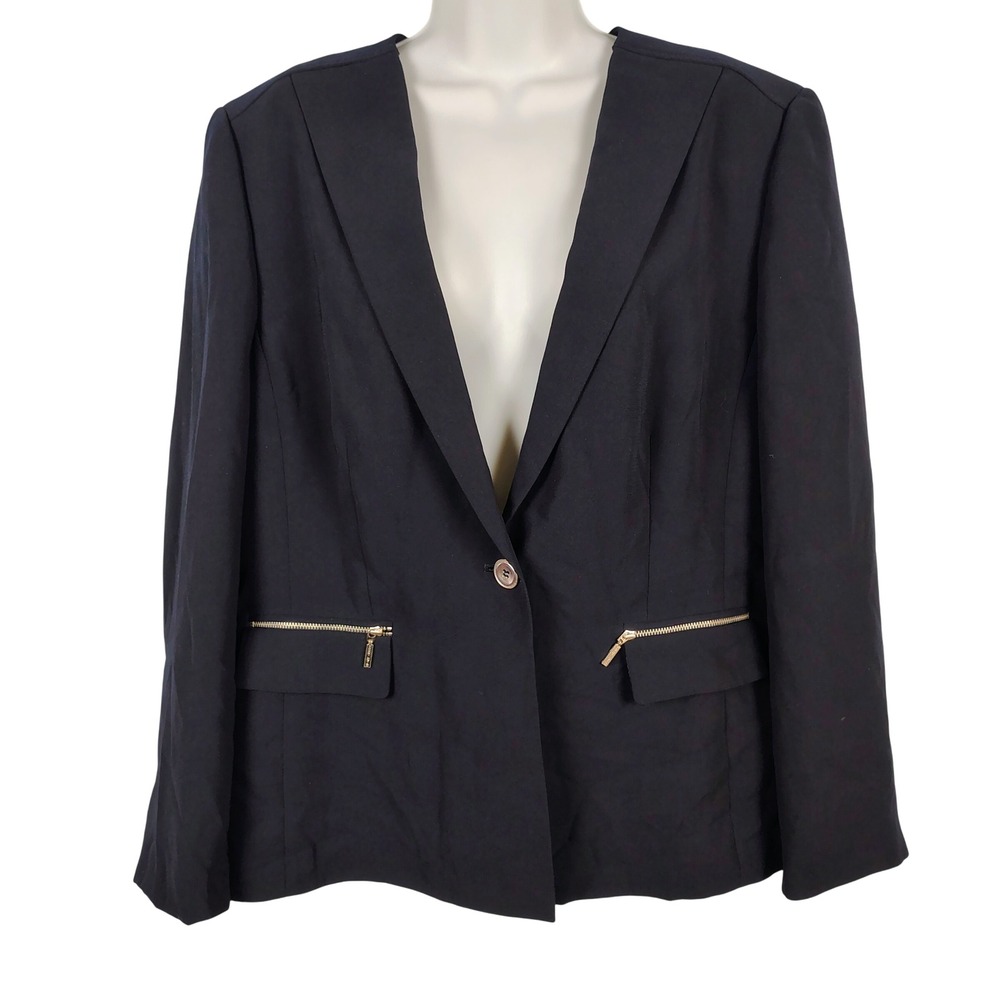 Tahari Womens SZ 18 Blazer Black Gold Zipper Accent‎ Officecore Professional